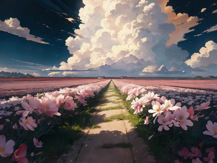 High contrast color, 4K High Resolution，masterpiece, Highest quality, Movie stills, bright, Anime Style, Happy, shine、happiness、null、cloud、cloudの隙間から光が差し込む、Warm and soft lighting, Asahi、fluctuation、Flower Field、