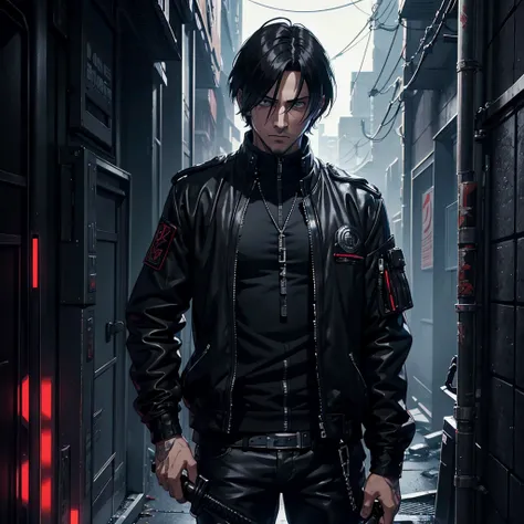 a man look like Leon S. Kennedy with back hair and a black jacket holding a sword, cyberpunk art inspired by Leon S. Kennedy , tumblr, digital art, ufotable art style, anime wallaper, profile picture 1024px, trigger anime artstyle, badass anime 8 k, tokyo ...