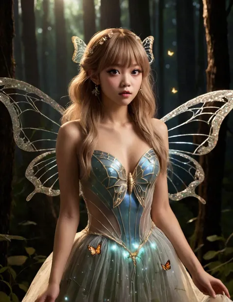 (Lalisa Manobal, age 25)A cute fairy (crystalline butterfly wings, prismatic hair, large eyes, spider silk gown) is dancing in a ring of toad stools, ethereal lighting, woods at night