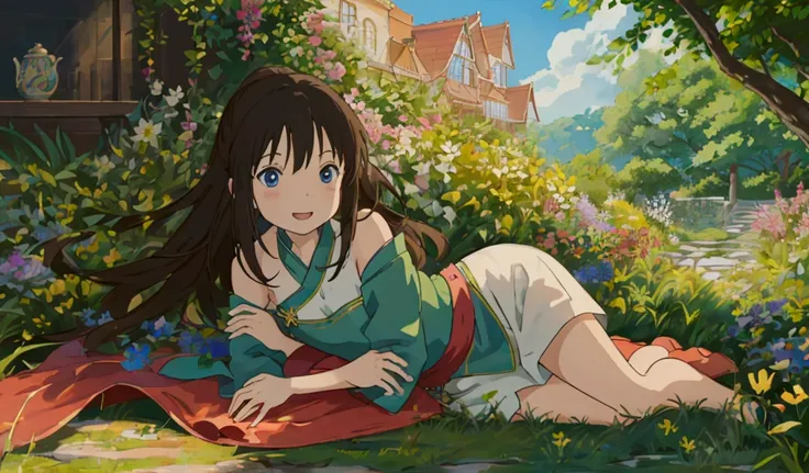 masterpiece,1 girl,,(whole body:0.9),(smile),Outdoor,(Light:1.2),(sun:1.2),(blue sky:1.1), garden,Flowers,grassland,wood，beautiful and moving，high quality（Famous scenes from anime）（A touching scene）,Gorgeous features。Hyper Details。High resolution。Anime Sty...