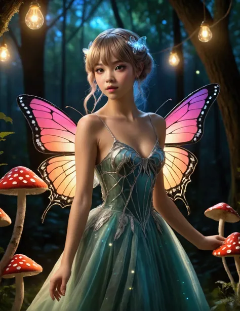 (Lalisa Manobal, age 25) cute fairy, crystalline butterfly wings, prismatic hair, large eyes, spider silk gown, dancing in a ring of toadstool, ethereal lighting, woods at night, (best quality,4k,8k,highres,masterpiece:1.2),ultra-detailed,(realistic,photor...