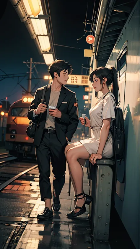 A Couple sitting at a railway station, night scene, train approaching, couple wearing short clothes, girl has big hips, beautiful detailed eyes, 