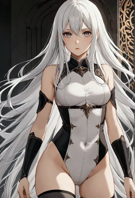 A girl with long smooth white hair ,determined grey eyes,fair skin tone, average height,underwear thigh highs garterbelt, detailed eyes, detailed body,long shot, 8k highres best quality. 