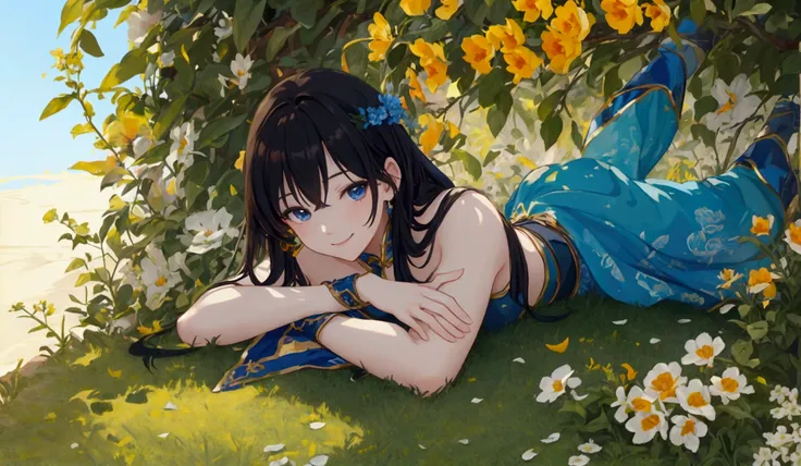 masterpiece,1 girl,,(whole body:0.9),(smile),Outdoor,(Light:1.2),(sun:1.2),(blue sky:1.1), garden,Flowers,grassland,wood，beautiful and moving，high quality（Famous scenes from anime）（A touching scene）,Gorgeous features。Hyper Details。High resolution。Anime Sty...