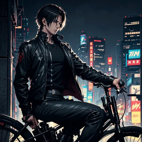 a man look like Leon S. Kennedy with back hair and a black jacket Ride a bike, cyberpunk art inspired by Leon S. Kennedy , tumblr, digital art, ufotable art style, anime wallaper, profile picture 1024px, trigger anime artstyle, badass anime 8 k, tokyo ghou...