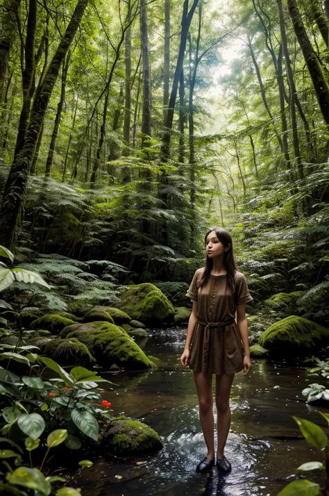 Anya standing in awe as she discovers the hidden glade in the forest.Elements: Anya surrounded by colorful flowers, a sparkling stream, and tall, whispering trees in a cartoonise way