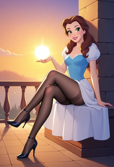 Belle, very tiny miniskirt,  Black sheer pantyhose,  high heels,  smiling,  sitting crossed legs,  sun shiny day 