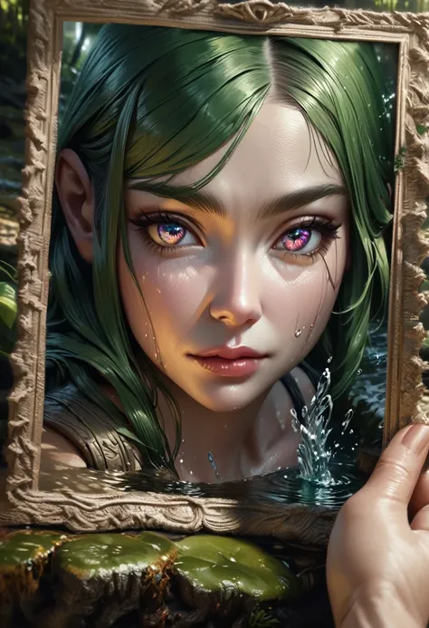 A beautiful girl with green hair and glowing skin, controlling water and a black symbiotic liquid, helping a forest fairy by a small stream, serene and peaceful atmosphere, detailed portrait, intricate character designs, vibrant colors, fantasy landscape, ...