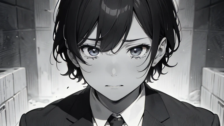 A man crying and wailing,Short Hair,suit,Monochrome,masterpiece,best quality,super detailed,super fine illustration,8k,anime style,detailed background,crematorium