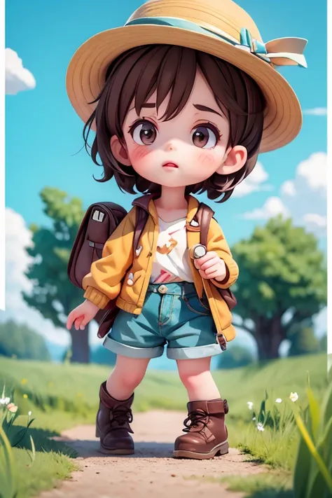 A ten-year-old girl named Julia, with honey-colored eyes, brown hair, fair complexion, dressed in adventure clothes, such as a hat, jacket, shorts and boots. She has a backpack with some useful objects, such as a compass, a flashlight and a map. His expres...