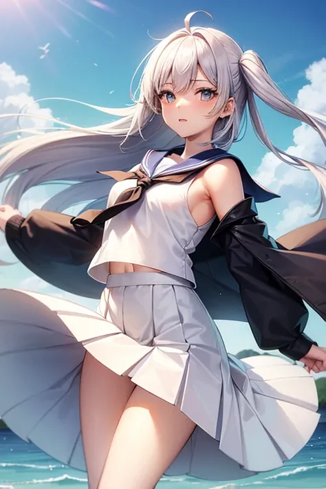 (master_piece, high_quality, beautiful, super delicate, absurdres:1.2), 1girl, mature, 16 years old, beautiful face, ahoge, hair fluttering in the wind, white hair, blue eye, (sailor long windy dress suit, long skirt, The wind is blowing, Skirt flipped up,...