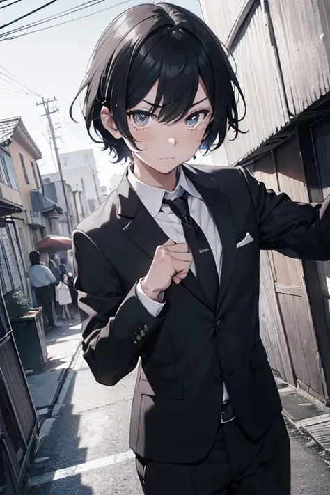 male,male,man,20yo,A determined face,clench ones fist,,tears,Short Hair,suit,Monochrome,masterpiece,best quality,super detailed,super fine illustration,8k,anime style,detailed background,crematorium,