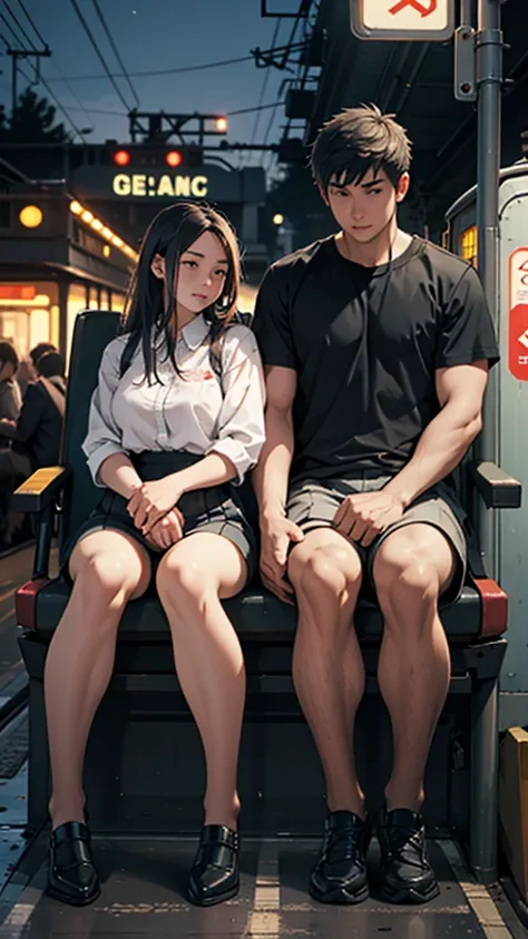 a couple sitting at a railway station, night scene, train approaching, couple wearing short clothes, girl has big hips detailed faces,