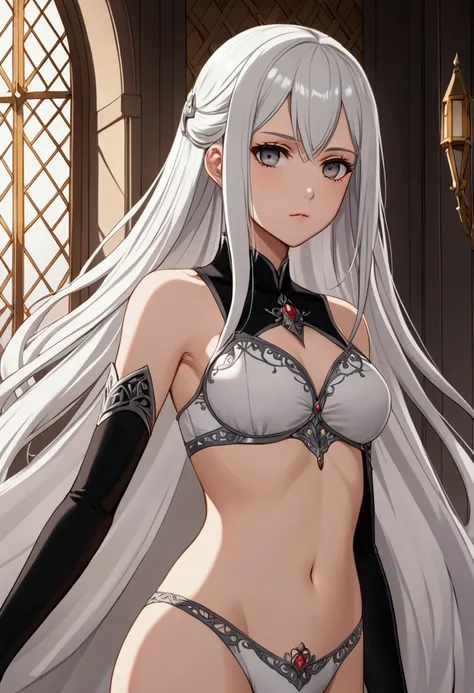 A girl with long smooth white hair ,determined grey eyes,fair skin tone, average height,princess underwear, detailed eyes, detailed body,long shot, 8k highres best quality. 