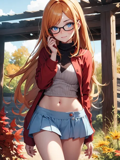 Create me a cute girl with glasses and freckles, boluctuous hip, blue eyes, red hair and blonde, com autumn clothes