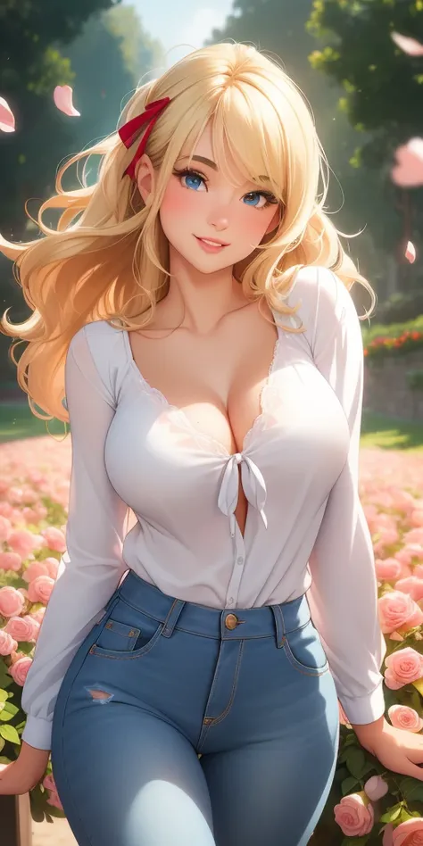 (best quality, ultra-detailed, photorealistic: 1.39), Face of naughty 29 year old teenager, bright and vibrant colors, studio lighting, romantic expression, Perfect big breasts, cute blouse, long sleeves, jeans, Short, Wavy hair with ribbon in the blonder ...