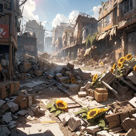 Top quality, masterpiece, high resolution, supply factory, sunlight, sunflowers, traces of civilization, runaway drone, collapsed rubble, factory town