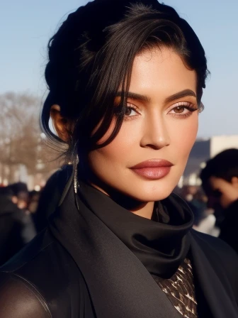 kylie1,1girl, solo, (realistic),(hyperrealism),(best quality),(masterpiece),(ultra high res),(photorealistic),(film grain),(upper body),eye makeup,detailed eyes,detailed face,black jacket, scarf, posing for a photo, outdoors, 