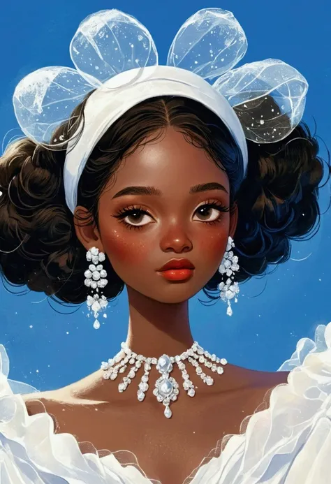 illustration：1 Girl，Dark Skin，White is an exaggerated dress，Exaggerated sleeves，Fluffy，