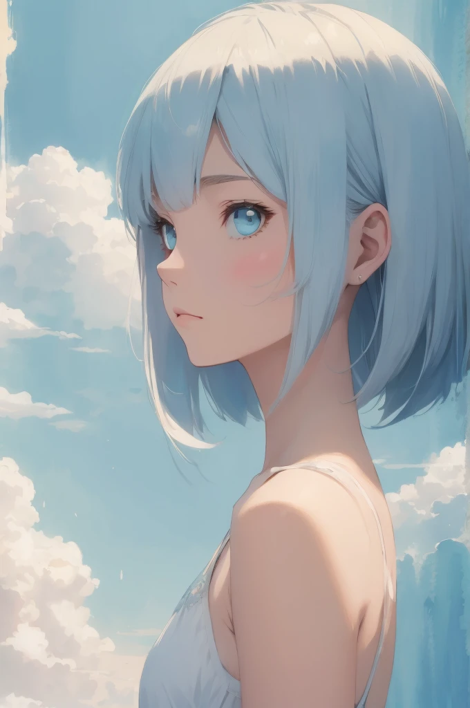 absurd, high resolution, very detailed, beautiful girl, bob cut blended into the clouds, (hold empty), de luz, pale blue and pal...