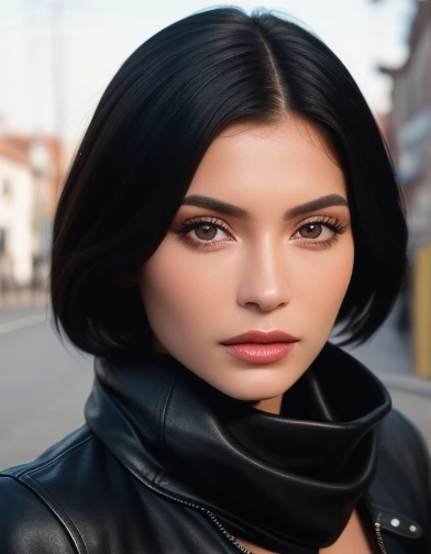 village1,1 girl, One, (realistic),(hyperrealism),(Best quality),(masterpiece),(ultra high resolution),(photorealistic),(granularity),(upper body),Eye makeup,detailed eyes,detailed face,black leather jacket, scarf, posing for a photo, on open air, 