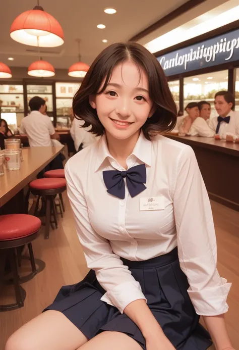 (8K, best quality, masterpiece:1.2), (SFW:1.3), (Practical, photo-Practical:1.37), Extremely detailed, 1 girl,Lovely, Solitary,Beautiful and detailed sky,Detail of cafe,night,sit,Dating,(Red and swollen nose),(Smile:1.1),(Shut up) Medium breasts,Beautiful ...