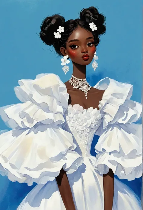 illustration：1 Girl，Dark Skin，Flower Earrings，White is an exaggerated dress，Exaggerated sleeves，Fluffy，