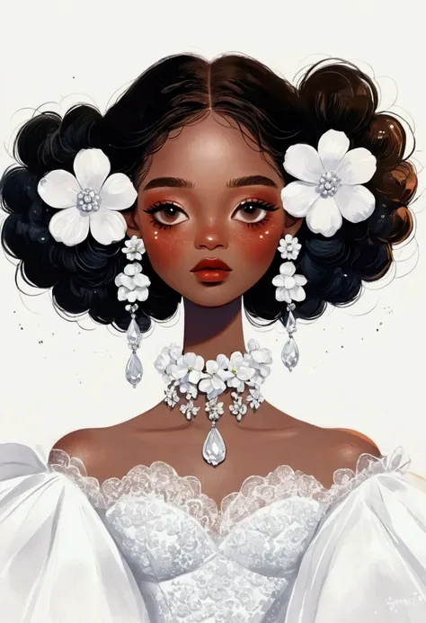 illustration：1 Girl，Dark Skin，Flower Earrings，White is an exaggerated dress，Exaggerated sleeves，Fluffy，