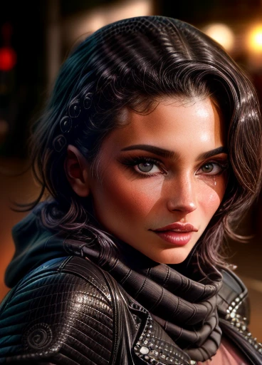 village1,1 girl, One, (realistic),(hyperrealism),(Best quality),(masterpiece),(ultra high resolution),(photorealistic),(granularity),(upper body),Eye makeup,detailed eyes,detailed face,black leather jacket, scarf, posing for a photo, on open air, 