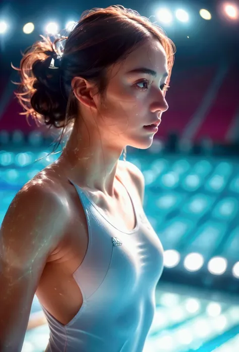 (a female athlete swimming towards the finish line in the paris olympic swimming stadium_beautiful face with delicate nose, deli...