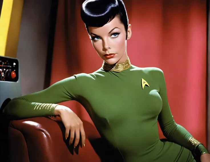 (safe for work, enough clothing to cover objectionable parts making it safe for work) An alien princess, dressed in flashy body jewelry and sheer colorful silks tells Captain Kirk she has never experienced this Love. Seductive poses, sultry stare (50s star...