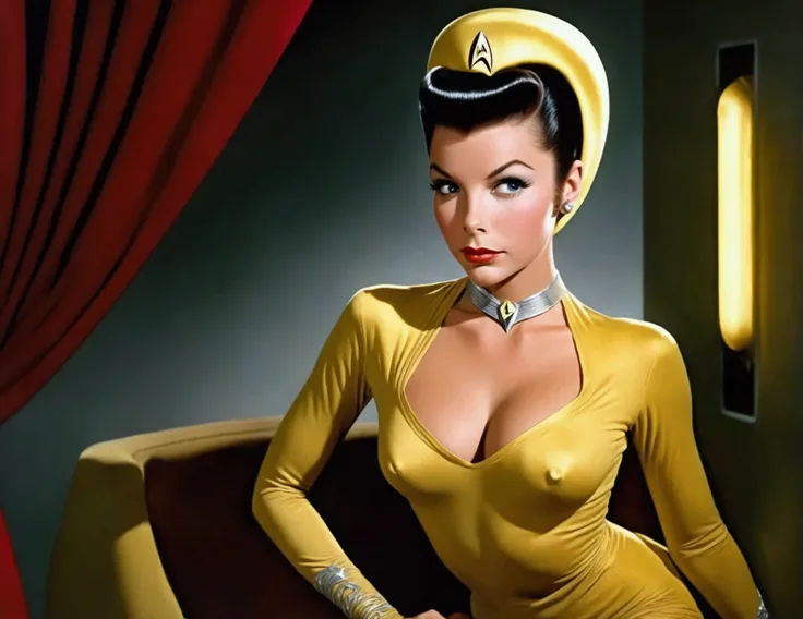 (safe for work, enough clothing to cover objectionable parts making it safe for work) An alien princess, dressed in flashy body jewelry and sheer colorful silks tells Captain Kirk she has never experienced this Love. Seductive poses, sultry stare (50s star...