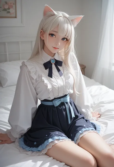 Long-haired anime girl sitting on the bed, Cat ears, From the girl front, Cute anime girl in beautiful clothes, Attractive anime girl, White-haired god, Fine details. Lolita in a skirt, Anime 4k  