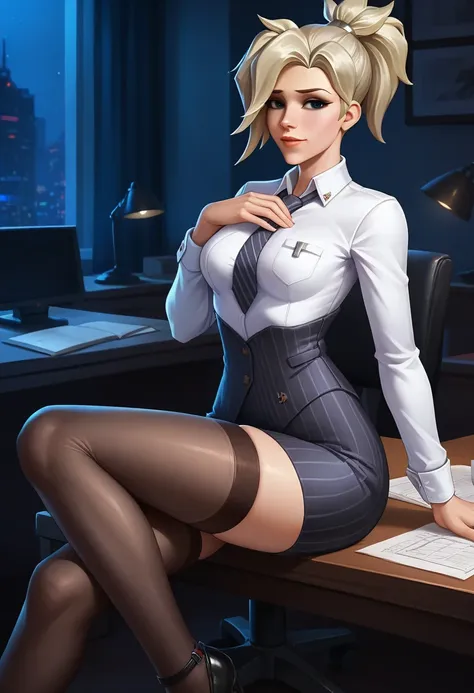 score_9, score_8_up, score_7_up,score_6_up, score_5_up, 1girl, mercy (overwatch), solo, pretty face, blonde hair, ponytail, ligh...