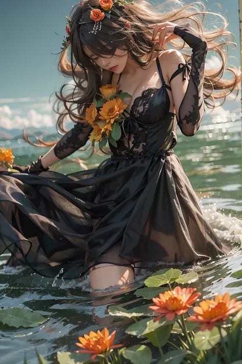 black dress,long dress,flower,black rose, (beautiful woman floating on the lake:1.3), #1: bright light brown and orange streaked...