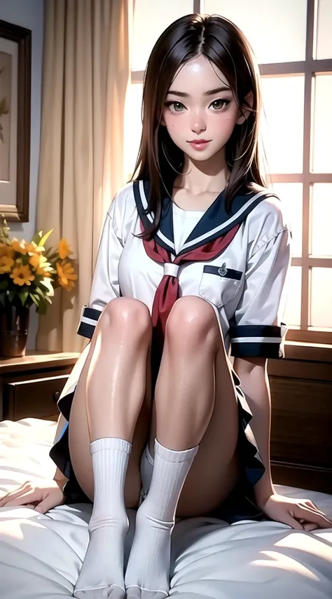 indoor, bedroom, sitting on bed:1.1, ((w sitting)), , long hair, brown hair, brown eyes, (perfect skin, realistic skin), seifuku...