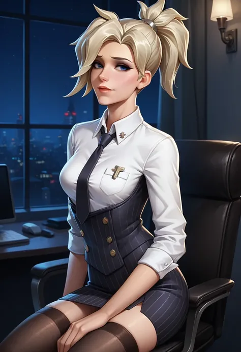 score_9, score_8_up, score_7_up,score_6_up, score_5_up, 1girl, mercy (overwatch), solo, pretty face, blonde hair, ponytail, ligh...