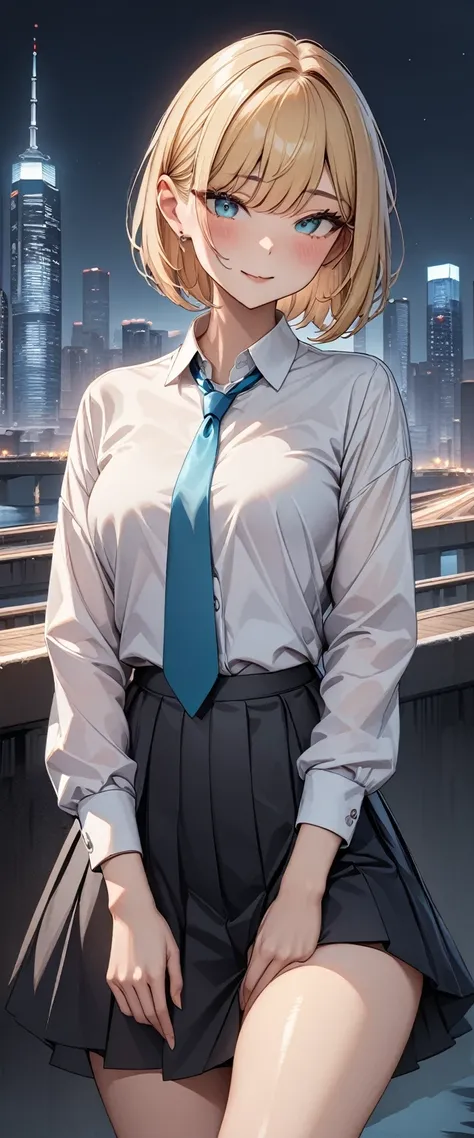 (masterpiece, Highest quality, でvery aesthetic, Super detailed), Intricate details, ((Cityscape, On Bridge)), night,
One girl, Blonde, Red gradient, Bobcut, blush, Turquoise Eyes, ((Mouth closed)), , Collared shirt, White shirt, Baby Face, The clavicle is ...