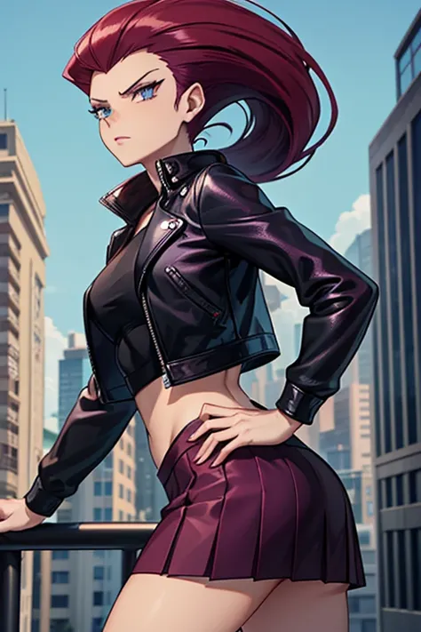 skinny_jessie_from_pokemon, (black_leather_jacket | red_top_under_jacket), (black skirt | pleated), (long red_purple hair | hair slicked back | bangs), green eyes, town_in_background, motivated pose, city_in_background, evil, female, high resolution, 8k, c...