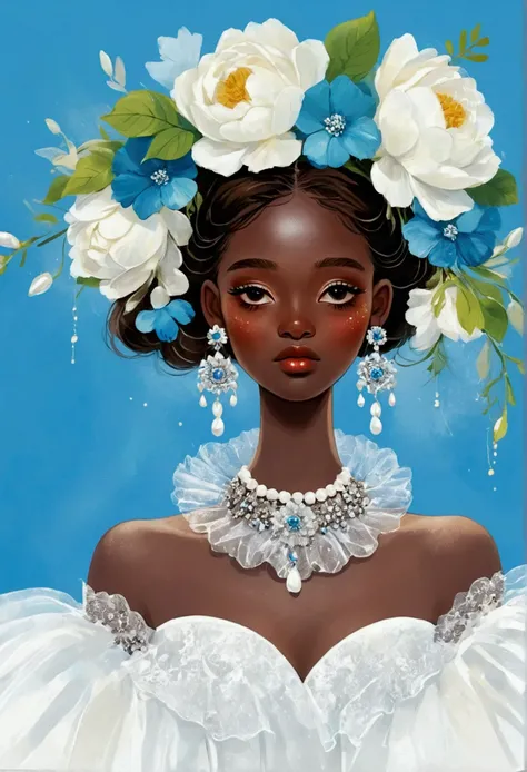 illustration：1 beautiful girl，Dark Skin，Flower Earrings，Flower headdress，White exaggerated dress，Exaggerated sleeves，Fluffy white tulle，Blue Background