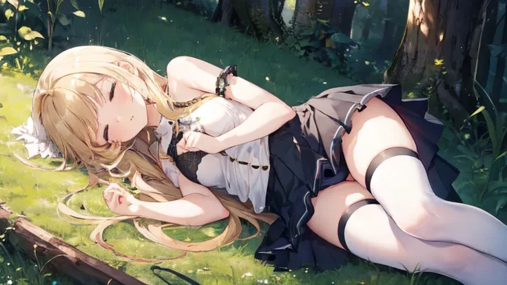 super high quality, Super detailed, Ultra-clear, forest, one person, long blonde hair, sleep, Swimsuit, beautiful color clothes, mini skirt, Stockings, Sexy