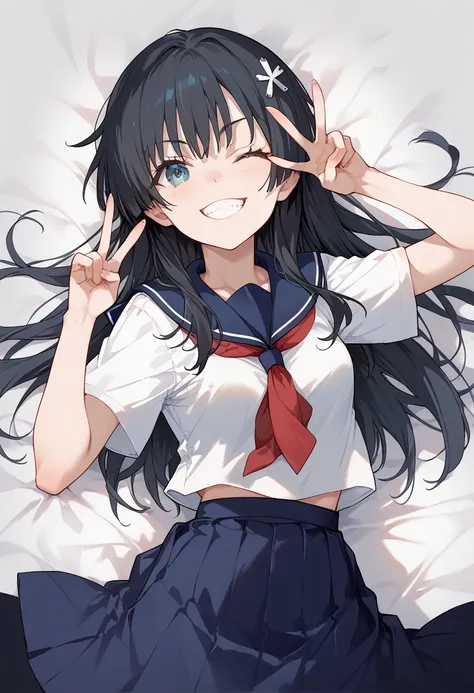 (saten ruiko)(14-year-old female,long black hair,small breasts,slim body,hairpin)
(white sailor suit,red tie,blue skirt)one eye ...