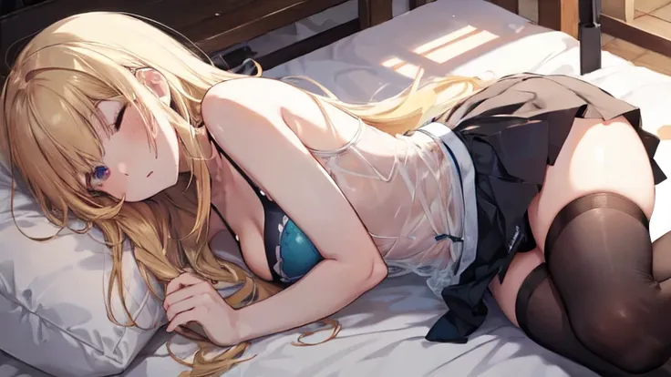 super high quality, Super detailed, Ultra-clear, forest, one person, long blonde hair, sleep, Swimsuit, beautiful color clothes, mini skirt, Stockings, Sexy