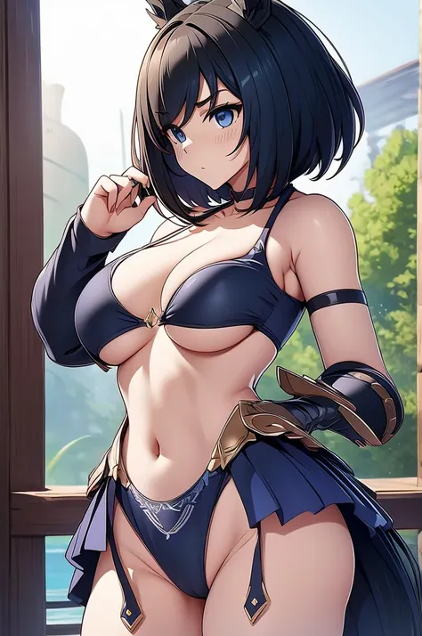 Highest quality、Best image quality、masterpiece、Bikini Armor、Large Breasts、Obscene expression、whole body、sword、shield、Translucent fabric、Bikini Swimwear、Micro Bikini