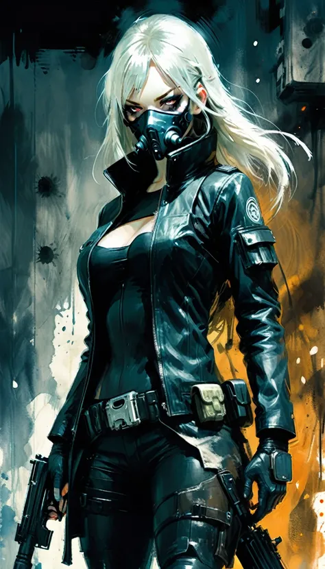 in style of Ashley Wood，1girl,Character Design and Doomsday,Details,glowing steelblue eyes,detailsTextured Skin,Night vision devices，Black leather coat，Tactical masks，Holding a gun，aim action，(aim：1.2),Modified firearmodify heavy firearms