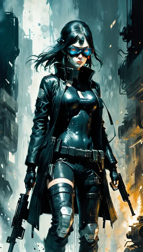 in style of Ashley Wood，1girl,Character Design and Doomsday,Details,glowing steelblue eyes,detailsTextured Skin,Night vision devices，Black leather coat，Tactical masks，Holding a gun，aim action，(aim：1.2),Modified firearmodify heavy firearms