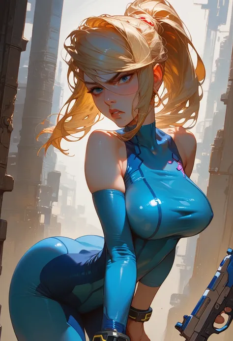 ((masterpiece)), sharp focus, 1girl,solo, Samus Aran, ponytail, blondie hair, large breast, big ass, zero suit, eyes blue (detailed:1.8), dramatic lighting, pretty girl, detailing face, detailing body, source_anime, athletic body, ass, looking on the viewe...