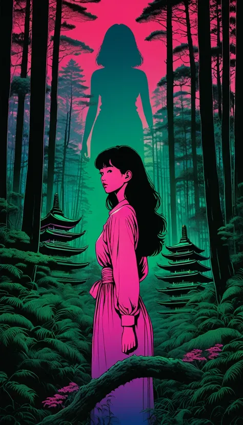 An illustration、art、80s Thai horror movie poster, Supervised by Junji Ito、forest、Japanese Shrines、Attention to detail, Realistic Shadows、Analog Style, chromatic aberration, Surrealism、Complementary Gradient