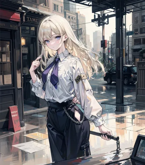 Photo of a beautiful blonde caucasian woman standing on a street corner, Perfect model body shape, Stylish pants style, colorful purple shirt, sunglasses, very stylish, with influence of Jeremy Mann, Jeremy Mann, style of Jeremy Mann, Jeremy Mann painting,...