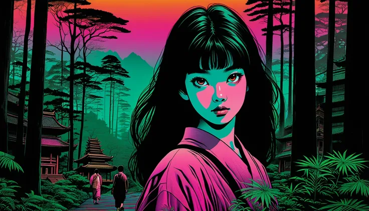 An illustration、art、80s Thai horror movie poster, Supervised by Junji Ito、forest、Japanese Shrines、Attention to detail, Realistic Shadows、Analog Style, chromatic aberration, Surrealism、Complementary Gradient